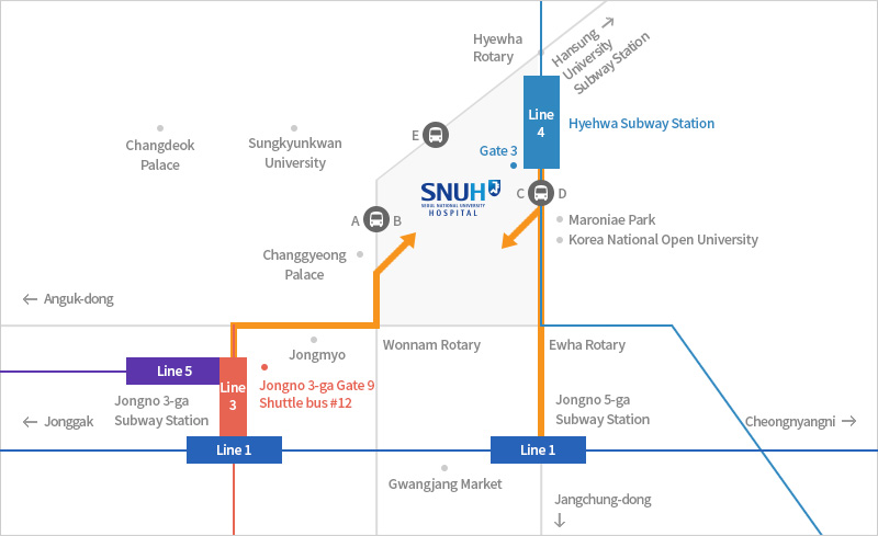 Hyehwa Subway station(Line #4) Gate3, Jongno 3-ga Subway Station(Line #1,3,5) Gate9, Shuttle bus #12, Jongno 5-ga Subway Station(Line #1)