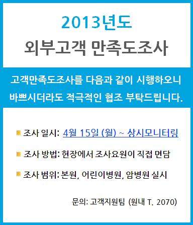 2013 고객만족도조사 안내 - 4월 15일(월)~상시모니터링, 조사방법 : 현장에서 조사요원이 직접 면담, 조사범위 : 본원, 어린이병원, 암병원 실시